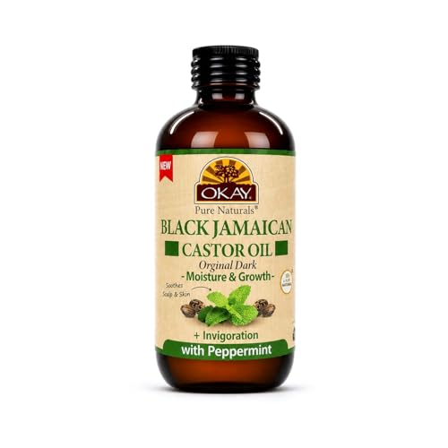 Okay Pure Naturals Black Jamaican Castor Oil - Castor Oil for Hair Growth, Moisture for Skin, Face, Scalp, Eyelashes, Eyebrows - Hair Oil for Men & Women - Peppermint, 4 oz Glass Bottle