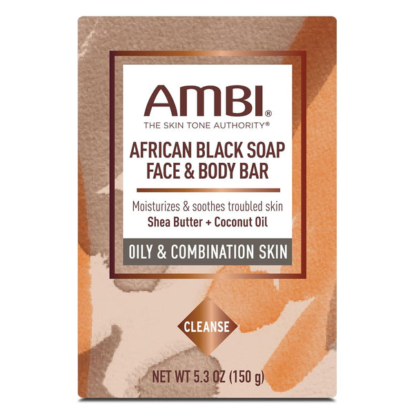 Ambi African Black Soap Face & Body Bar, Cleans and Nourishes Skin, Rinses Clear, 5.3 Ounce