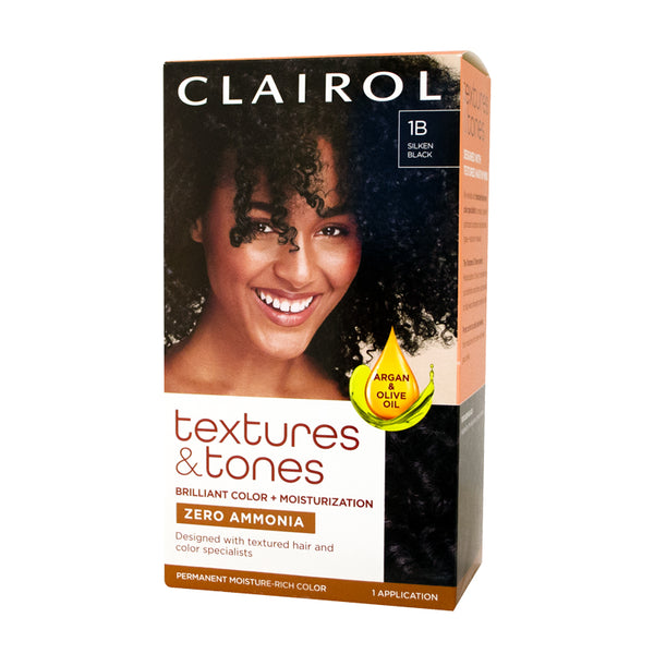 Clairol Textures & Tones Permanent Hair Dye - 1B Silken Black, Ammonia-Free Haircare Item with Intensive Moisturizer, Argan & Olive Oil for Brilliant Shine (Suitable for Lightening Blonde Hair, Pack o