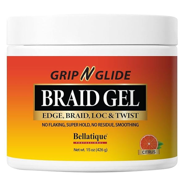BELLATIQUE GRIP N GLIDE Braiding Gel Maximum Hold for LOC & Twist - No Flaking, No Whitening, Fast Drying, High Shine, Cool & Refreshing, Long Lasting Hold (15 oz)