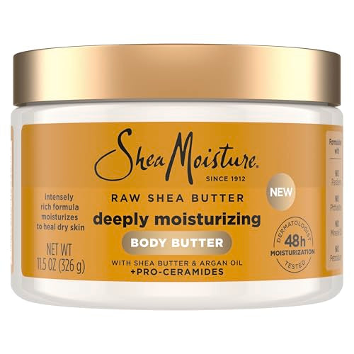 SheaMoisture Deeply Hydrating Body Butter Moisturizer - Raw Shea Butter, Argan Oil, Pro-Ceramides, Smooth Single Item for Dry Skin, 48H Rich Hydration, 11.5 oz