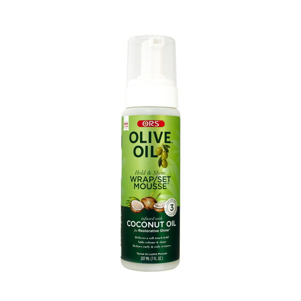 ORS Olive Oil Hold & Shine Wrap Set Mousse Infused with Coconut Oil for Restorative Shine 7 Ounce