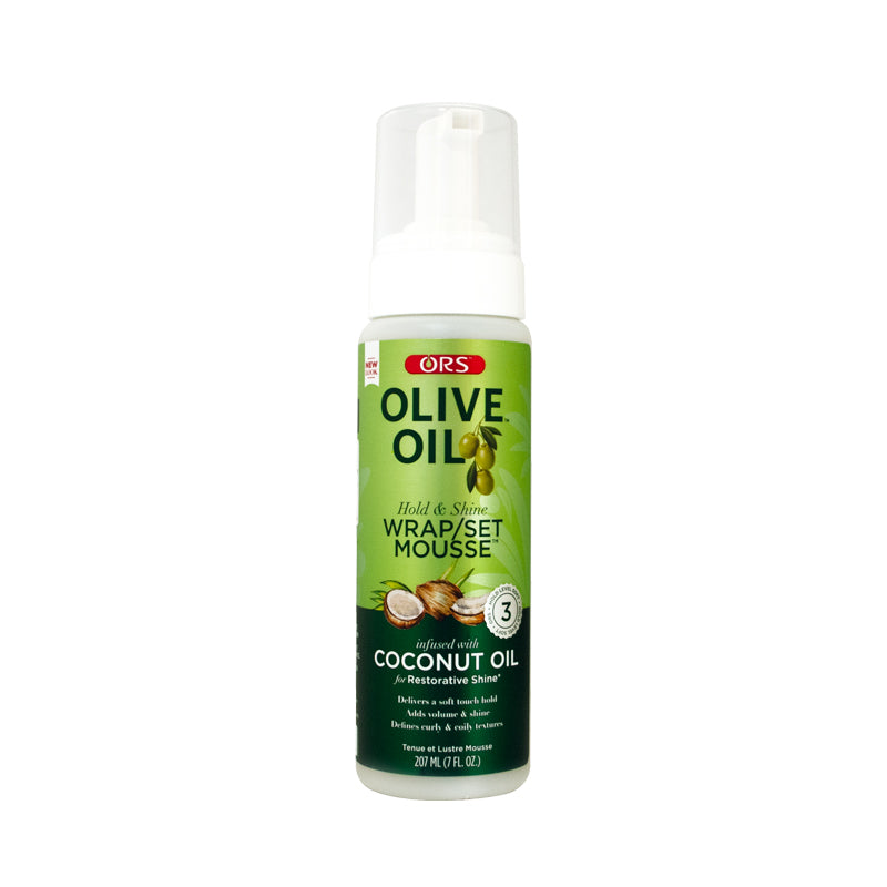 ORS Olive Oil Hold & Shine Wrap Set Mousse Infused with Coconut Oil for Restorative Shine 7 Ounce