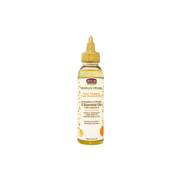 African Pride Moisture Miracle 5 Essential Hair Oils with Vitamin E | Moisture, Shine, Protection, and Growth | Argan, Castor, Grapeseed, Coconut, and Olive Oil | 4 oz