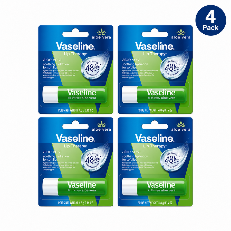 Vaseline Lip Therapy Care Aloe Fresh, Fast-Acting Nourishment, Ideal for Chapped, Dry, Cracked, or Damaged Lips, Lip Balm, 4-Pack, 0.16 Oz Each