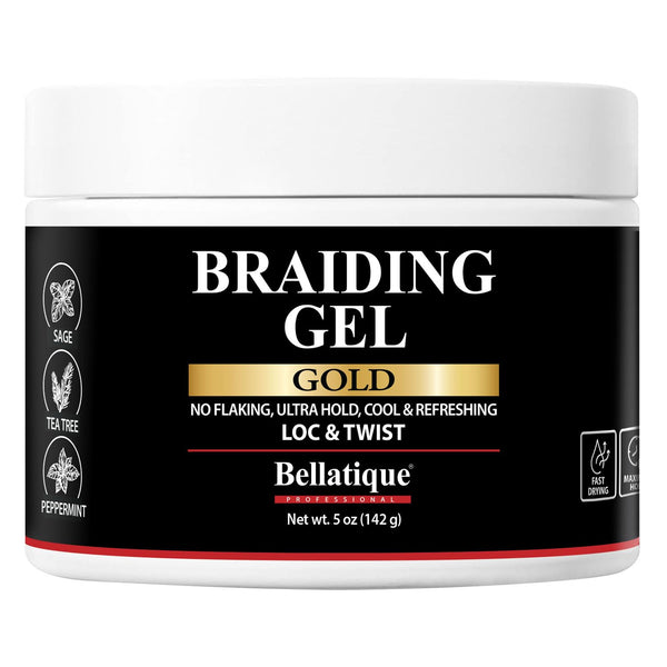 Bellatique Gold Tea Tree Scent Braiding Gel - 5 oz Haircare Product, Maximum Hold for Locs & Twists, No Flaking, No Whitening, Fast Drying, High Shine, Cool Refreshing
