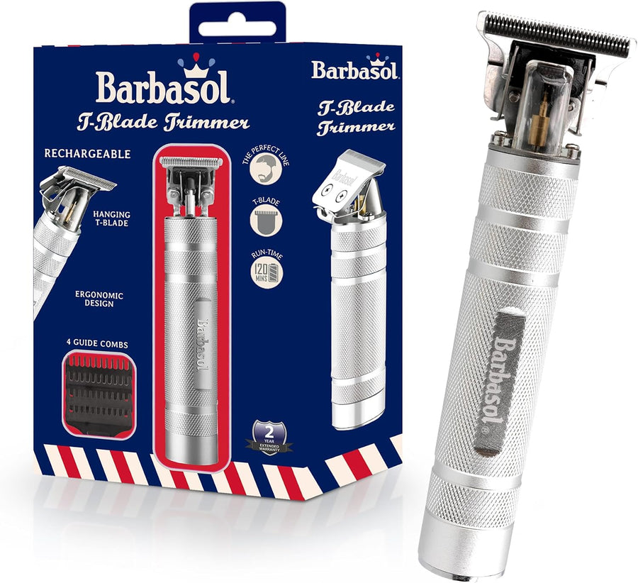 Barbasol Stainless-Steel Rechargeable Zero-Gapped T-Blade Trimmer, Hanging Blade, 4 Guide Combs