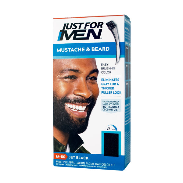 Just For Men Mustache & Beard Multiple Uses Beard Coloring for Gray Hair with Brush, With Keratin Biotin Aloe and Coconut Oil for Healthy Facial Hair - Jet Black, M-60, Pack of 1 (Packaging May Vary)