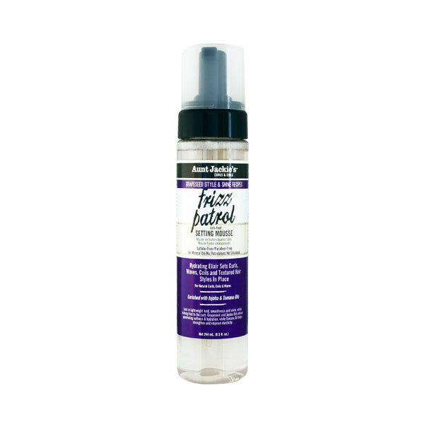 Aunt Jackie's Grapeseed Style and Shine Recipes Frizz Patrol Anti-Poof Setting Hair Mousse, Sets Curly Hair Styles in Place,Purple Fl.Oz 8.5 Ounce