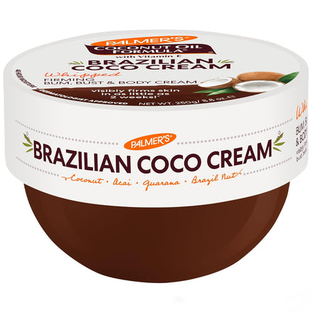 PALMER'S Coconut Oil Formula Brazilian Coco Cream with Vitamin E, 8.8 Fl Oz Whipped Body Moisturizer - Smooth, Hydrating Cosmetic, Skin Tightening & Firming Support for Bum & Bust, Pleasant Scent for Single Item Body Care Routine