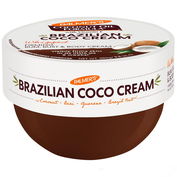 PALMER'S Coconut Oil Formula Brazilian Coco Cream with Vitamin E, 8.8 Fl Oz Whipped Body Moisturizer - Smooth, Hydrating Cosmetic, Skin Tightening & Firming Support for Bum & Bust, Pleasant Scent for Single Item Body Care Routine