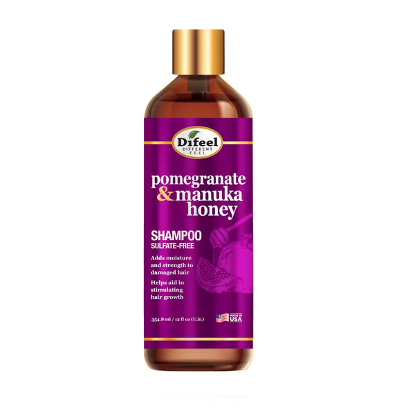 Difeel Pomegranate & Manuka Honey Sulfate-Free Haircare Shampoo, 12 oz - Moisturizer Cleanser with Hydrating Formula for Damaged Hair Adults, Strengthens, Moisturizes, Complementary Conditioner