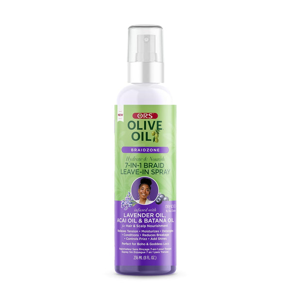 ORS Olive Oil Braidzone 7-In-1 Braid Leave-In Spray with Lavender, Acai & Batana Oil for Hair & Scalp Nourishment 8 Ounces