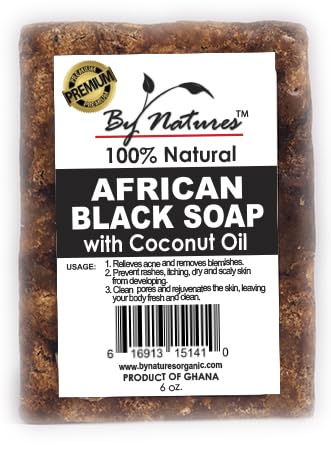 By Natures 100% Natural African Black Soap Cleanser with Coconut Oil - 6.0 Oz Body Care Single Item for Acne Treatment, Exfoliating, Skin Repair
