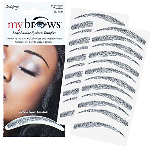 Godefroy MyBrows Long Lasting Eyebrow Transfers, Low Arch, Natural Black, 12-Pairs of Brows