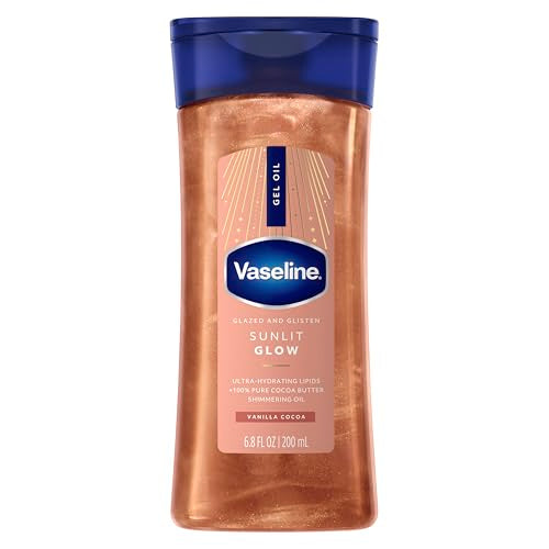 Vaseline Glazed and Glisten Sunlit Glow Body Gel Oil - Scented Vanilla Cocoa Fragrance, Silky Radiant Shimmering Moisturizer, Ultra-Hydrating Lipids Blend, 100% Pure Cocoa Butter, 6.8 Oz