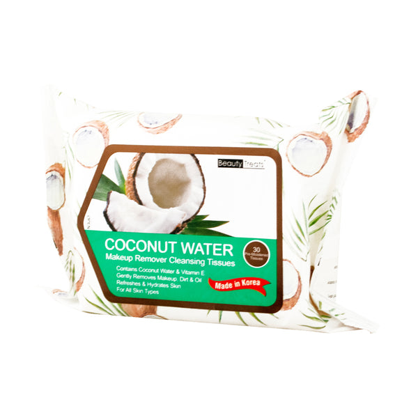 BEAUTY TREATS Coconut Water Makeup Remover Cleanser Tissues, Gentle Facial Cleansing Wipes for Quick Makeup Removal