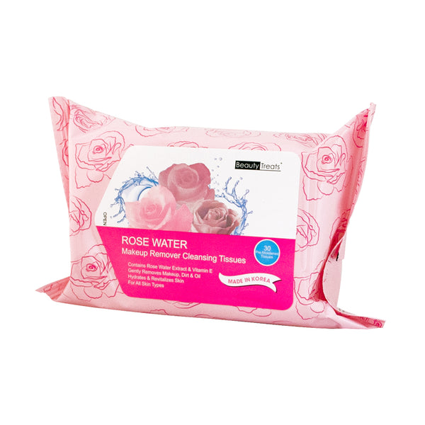 Beauty Treats Rose Water Makeup Remover Cleansing Tissues, Moisturizing Cleanser for Waterproof Cosmetics, Travel-Friendly Pack