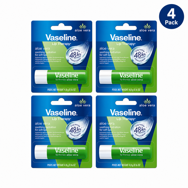 Vaseline Lip Therapy Care Aloe Fresh, Fast-Acting Nourishment, Ideal for Chapped, Dry, Cracked, or Damaged Lips, Lip Balm, 4-Pack, 0.16 Oz Each
