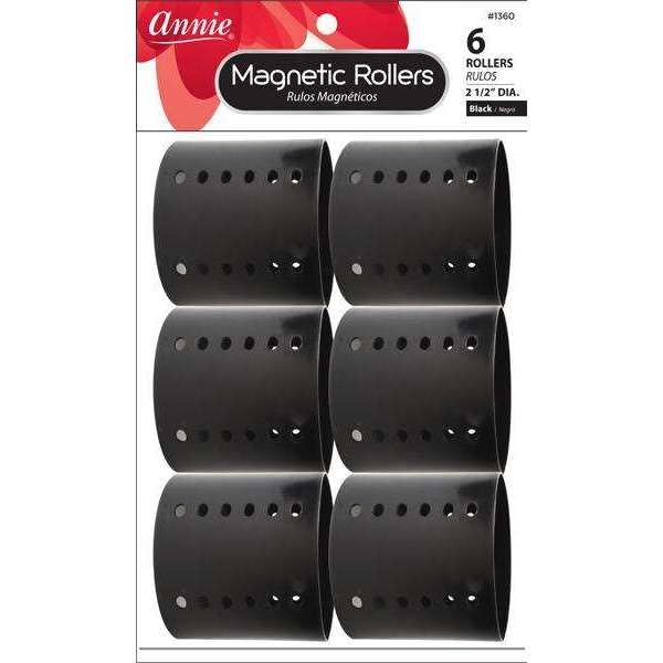 Annie 2.5 Inch Jumbo Magnetic Hair Rollers, 6-Count Black Snap-On Curlers for Smooth Defined Curls & Waves, Heatless Sty