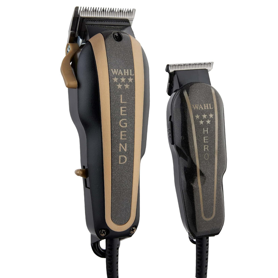 WAHL Professional 5-Star Barber Combo Kit - Hair Clipper Set, Corded Legend Clipper, Hero T-Blade Trimmer, Black/Gold Finish Barber Equipment