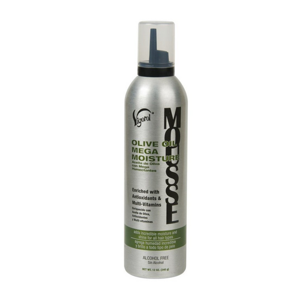 Olive Oil Mega Moisture Mousse by Vigorol in 12 oz (Standard) & 2.5 oz (Travel Size) Haircare Foam