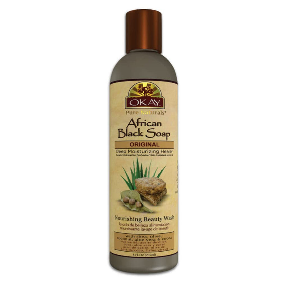 OKAY African Black Soap Liquid Cleanser, 8oz/237ml Daily Body Care Product with Moisture Support
