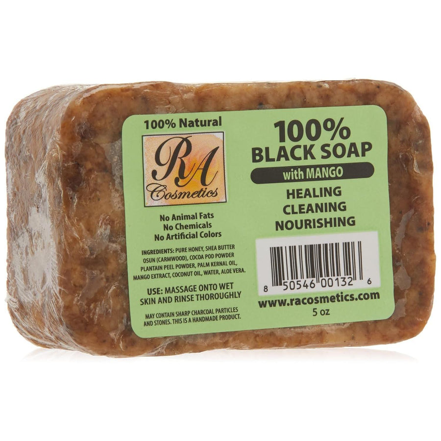RA Cosmetics 100% Natural African Black Soap, Mango Scent, 5 oz, 141g